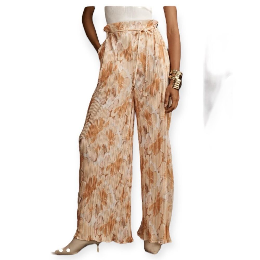 Anthropologie Pleated Yellow Printed Plissé Pants